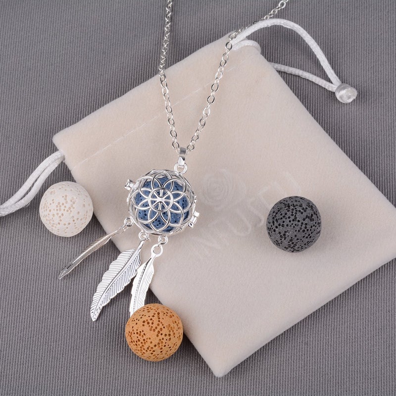 INFUSEU Dreamcatcher Necklace Aromatherapy Gifts Essential Oil Diffuser Lava Rock Stone Pendant Native American Indian Jewelry for Women Dream Catcher Feather Spiritual Meditation Items - Image 3